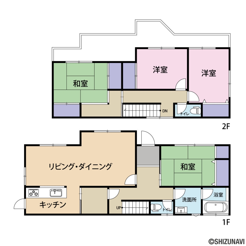 富士市大淵　4LDK　中古住宅の4LDK（リビング・ダイニング・キッチン・和室・和室・洋室・洋室）の間取り図