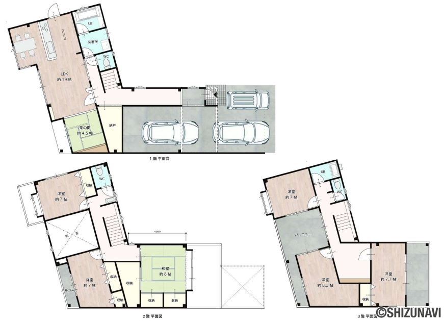 清水区幸町 間取図の中古住宅6SLDK(1階:LDK23.5帖、S4.5帖
2階:洋室7帖、7帖、和室8帖
3階:洋室8.2帖、7.7帖、7帖)