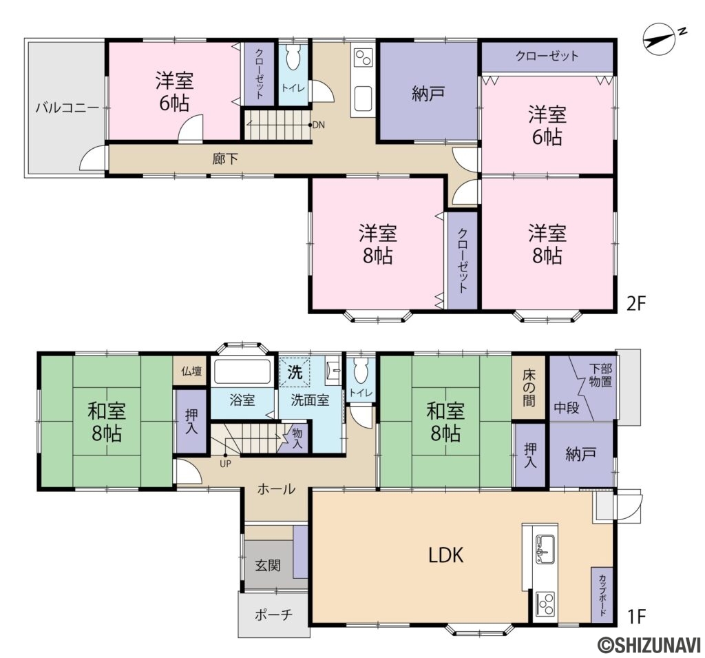 沼津市原　中古住宅の中古住宅6LDK＋2S（リビングダイニングキッチン・和室8帖・和室8帖・洋室6帖・洋室6帖・洋室8帖・洋室8帖+納戸+納戸+物置スペース）