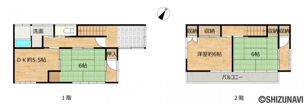 葵区大岩　間取図の中古住宅3DK（1階：DK5.5帖、和室6帖
2階：洋室6帖、和室6帖）