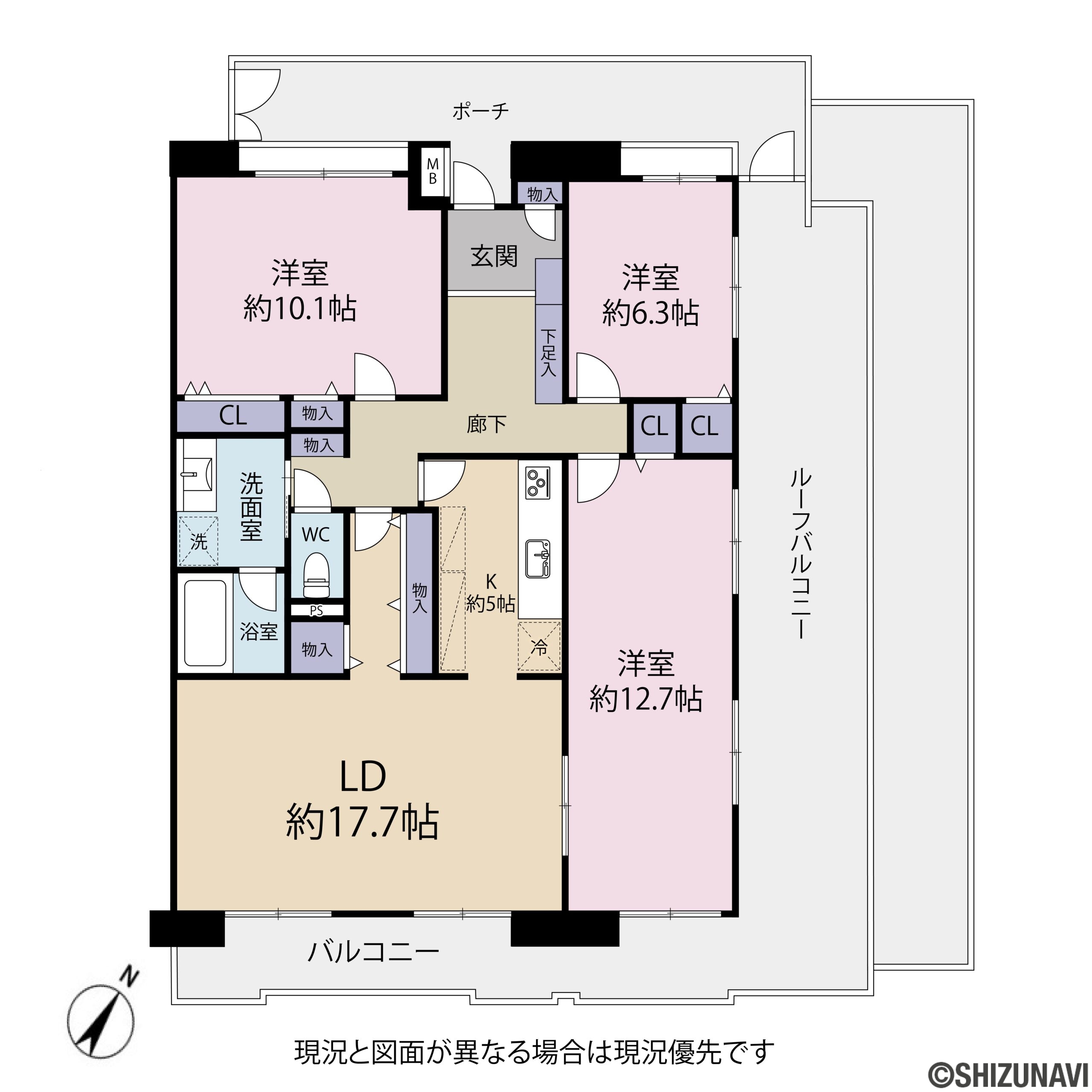 清水ポートガーデン最上階角部屋3LDK(LDK22.7帖、洋室12.7帖、10.1帖、6.3帖)の間取り図