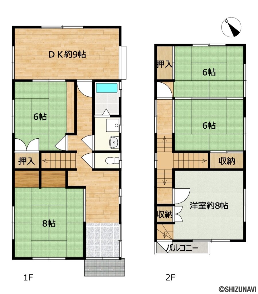 葵区南沼上 間取図の中古住宅5DK(1階:DK9帖、和室8帖、6帖
2階:洋室8帖、和室6帖、6帖)