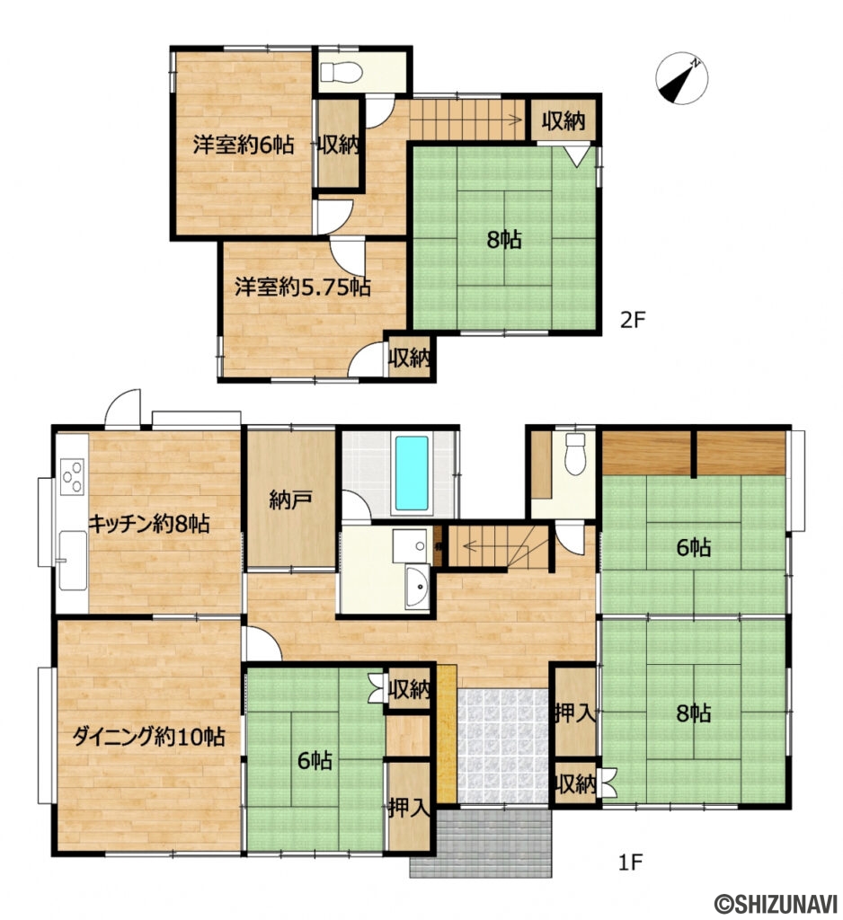 葵区内牧　間取図の中古住宅6SLDK（1階：D10帖、キッチン8帖、和室8帖、6帖、6帖
2階：洋室6帖、5.75帖、和室8帖）