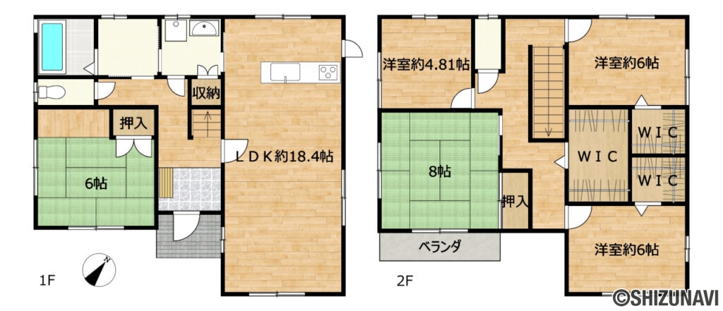 葵区幸庵新田　間取図の中古住宅5LDK（1階：LDK18.4帖、和室6帖
2階：洋室6帖、6帖、4.81帖、和室8帖）