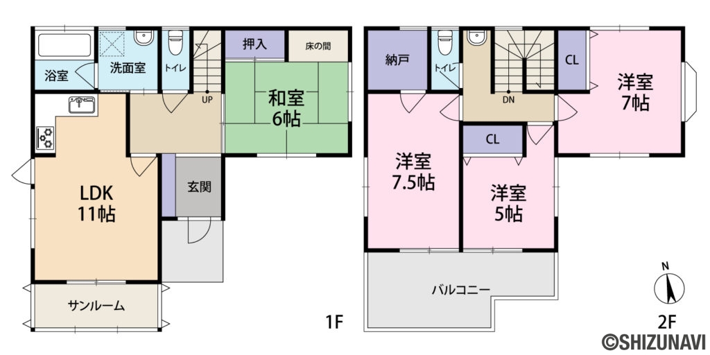 伊豆市小立野　4LDK+S　中古住宅の4LDK＋S（LDK11帖・和室6帖・洋室7.5帖・洋室5帖・洋室7帖・納戸）の間取り図