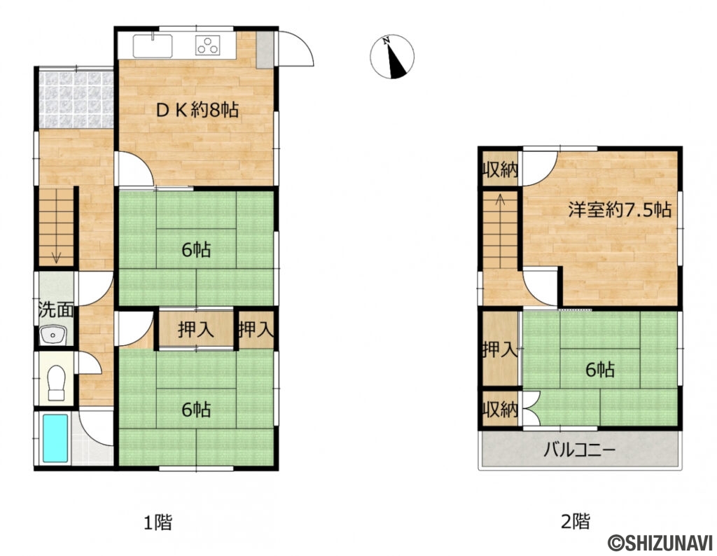 【リフォーム中】葵区羽鳥7丁目 4DKの4DK(1階:DK8帖、和室6帖、6帖
2階:洋室7.5帖、和室6帖)の間取り図