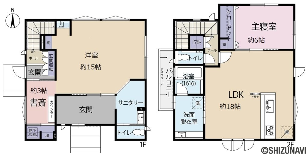 富士宮市宮原　富士山が見える築浅デザイナーズ住宅の2SLDK（【2階】
LDK：約18帖
主寝室：約6帖
【1階】
洋室：約15帖
書斎：約3帖
）の間取り図
