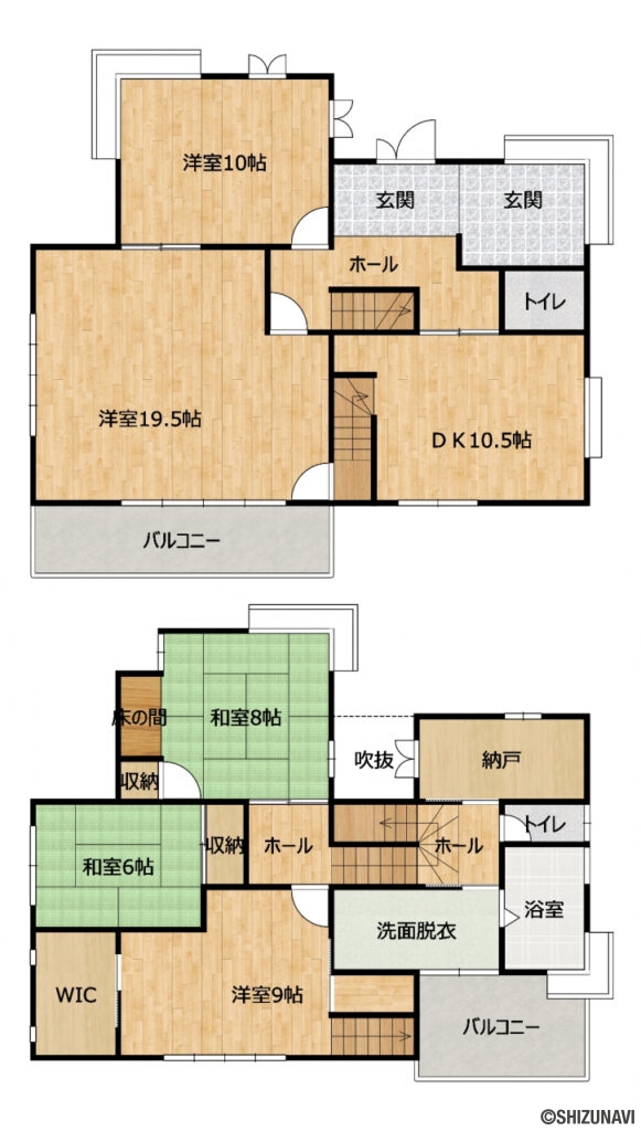 駿河区聖一色　間取図の中古住宅5DK（1階：DK10.5帖、洋室19.5帖、10帖
2階：洋室9帖、和室8帖、6帖）