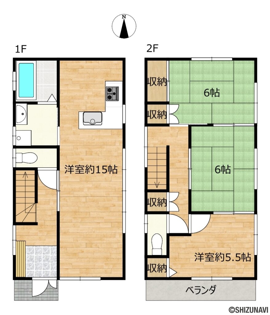 駿河区宮本町　間取図の中古住宅3LDK（1階：LDK15帖
2階：洋室5.5帖、和室6帖、6帖）