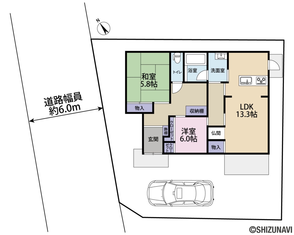 富士宮市若の宮町　平家戸建　富士宮市立大宮小・富士宮市立第二中学区の2LDK（和室5.8帖
洋室6.0帖
LDK13.3帖）の間取り図