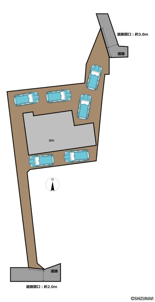【区画図】敷地間口は南北に2か所あり、それぞれ駐車スペースがございます。