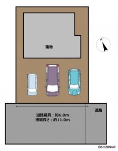 【区画図】お車は並列3台駐車可能です。前面道路の幅員は約6mあります。