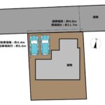 【区画図】駐車場は並列2台分です。敷地外駐車場もございますので、詳しくはスタッフまでお問い合わせ下さい。