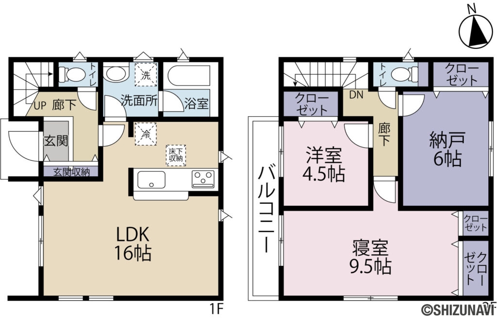 三島市谷田　第15　2号棟の2LDK＋S（1階：LDK16帖・洗面所・浴室・トイレ
2階：洋室4.5帖・寝室9.5帖・納戸6帖・トイレ）の間取り図