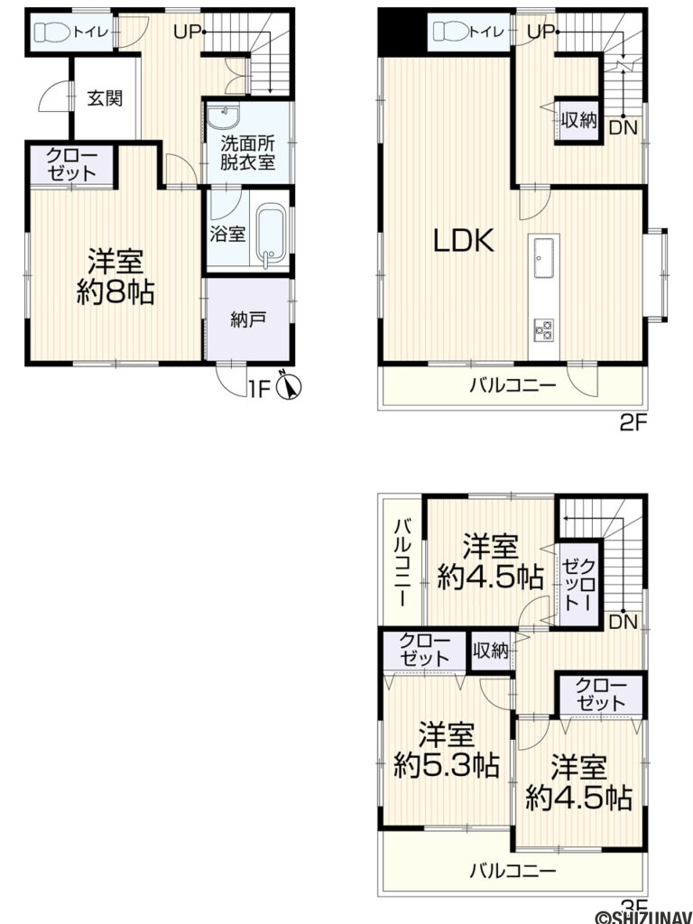 清水区堂林2丁目　フルリフォーム中の4LDK（1階：洋室8帖
2階：LDK
3階：洋室5.3帖、4.5帖、4.5帖）の間取り図