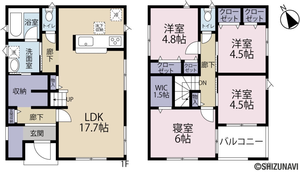 御殿場市川島田 第６ 1号棟の4LDK（1階：LDK17.7帖・収納スペース・洗面所・浴室
2階：洋室4.5帖・洋室4.5帖・洋室4.8帖・寝室6帖・WIC1.5帖・トイレ・バルコニー）の間取り図