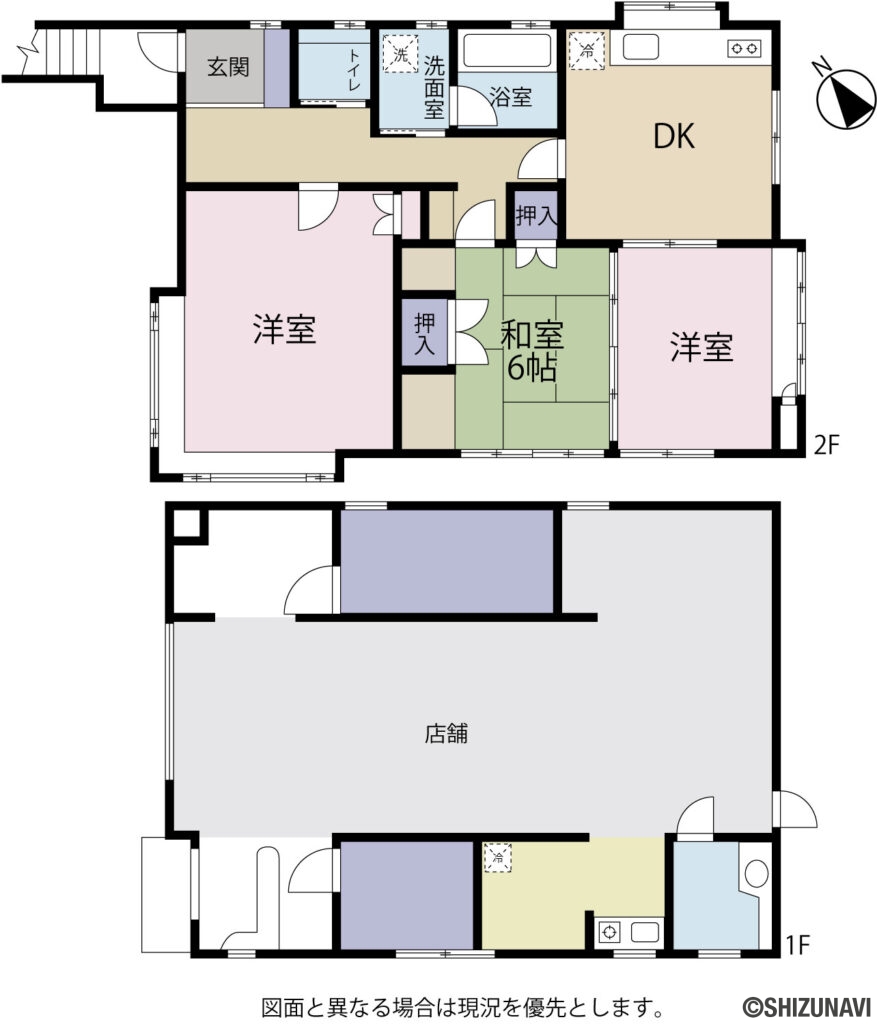 焼津市西小川5丁目　間取り図の中古住宅3DK（1階：店舗　2階：DK、洋室2、和室1）