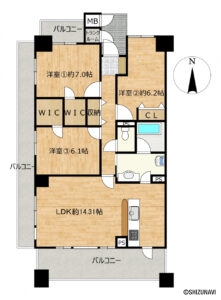 【間取り図】収納が充実した3LDKの間取りです。角部屋で3面バルコニーがあることと対面キッチンなのもうれしいポイントですね。