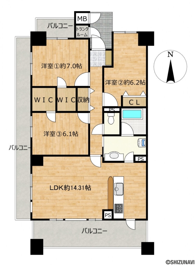 【間取り図】収納が充実した3LDKの間取りです。角部屋で3面バルコニーがあることと対面キッチンなのもうれしいポイントですね。