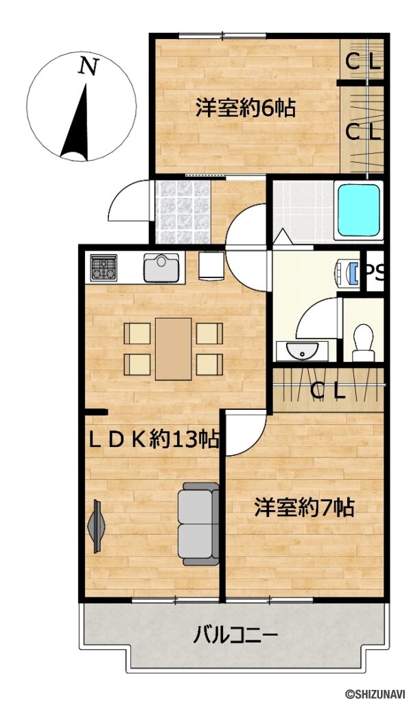 【間取図】床はフロアタイルで仕上げ、壁・天井はクロスの張替えを行います。LDKの拡張と和室の洋室への変更を行う予定です。キッチン、洗面台を交換予定です。
