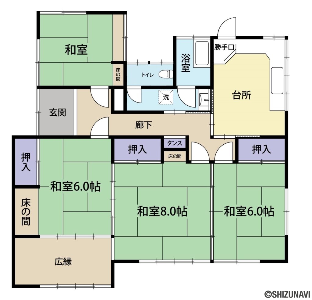 沼津市小諏訪　中古住宅　4DKの4DK（和室・和室6帖・和室8帖・和室6帖・台所・広縁）の間取り図