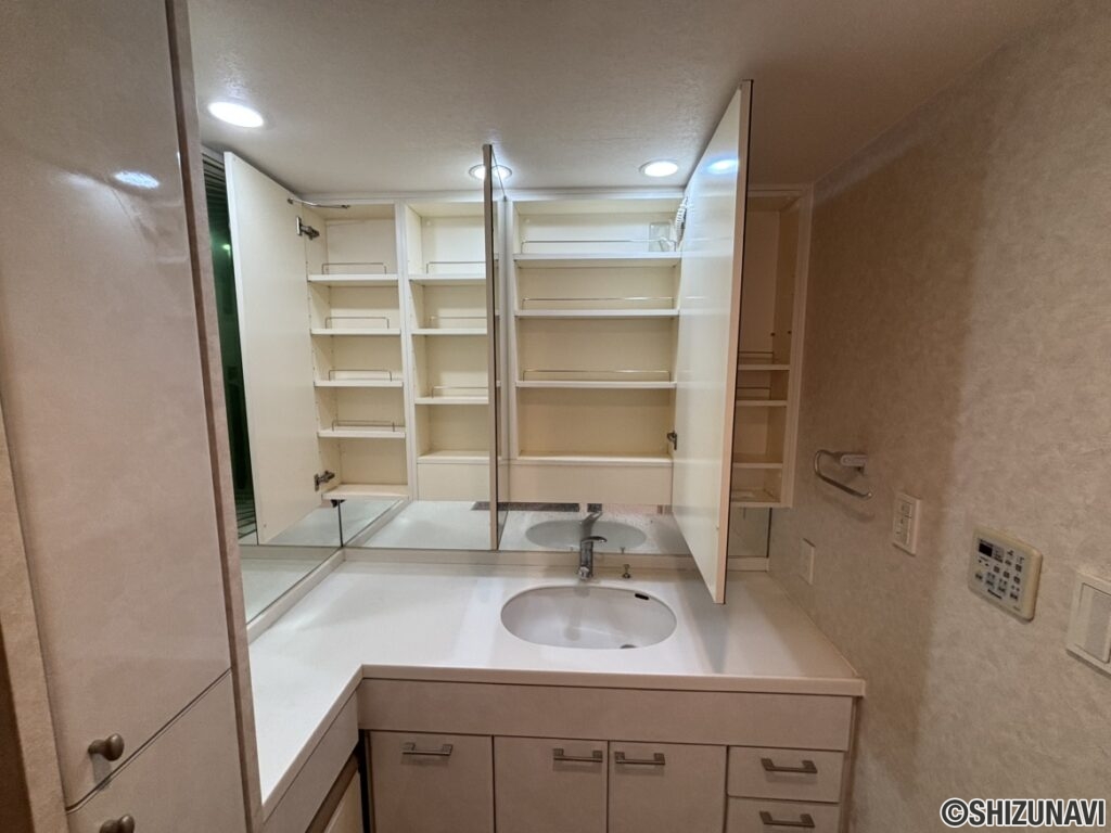 洗面台の収納のお写真です。収納が多いので、生活感を隠すことができます。