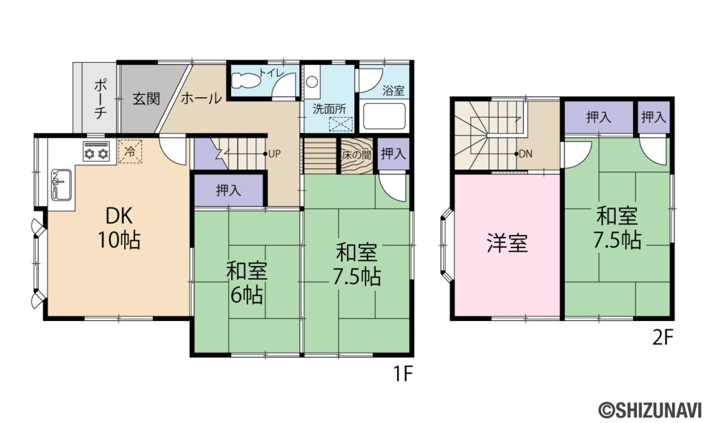 焼津市田尻北　中古住宅の4DK（DK:10 和室：7.5　和室6　和室：7.5　和室：6　）の間取り図