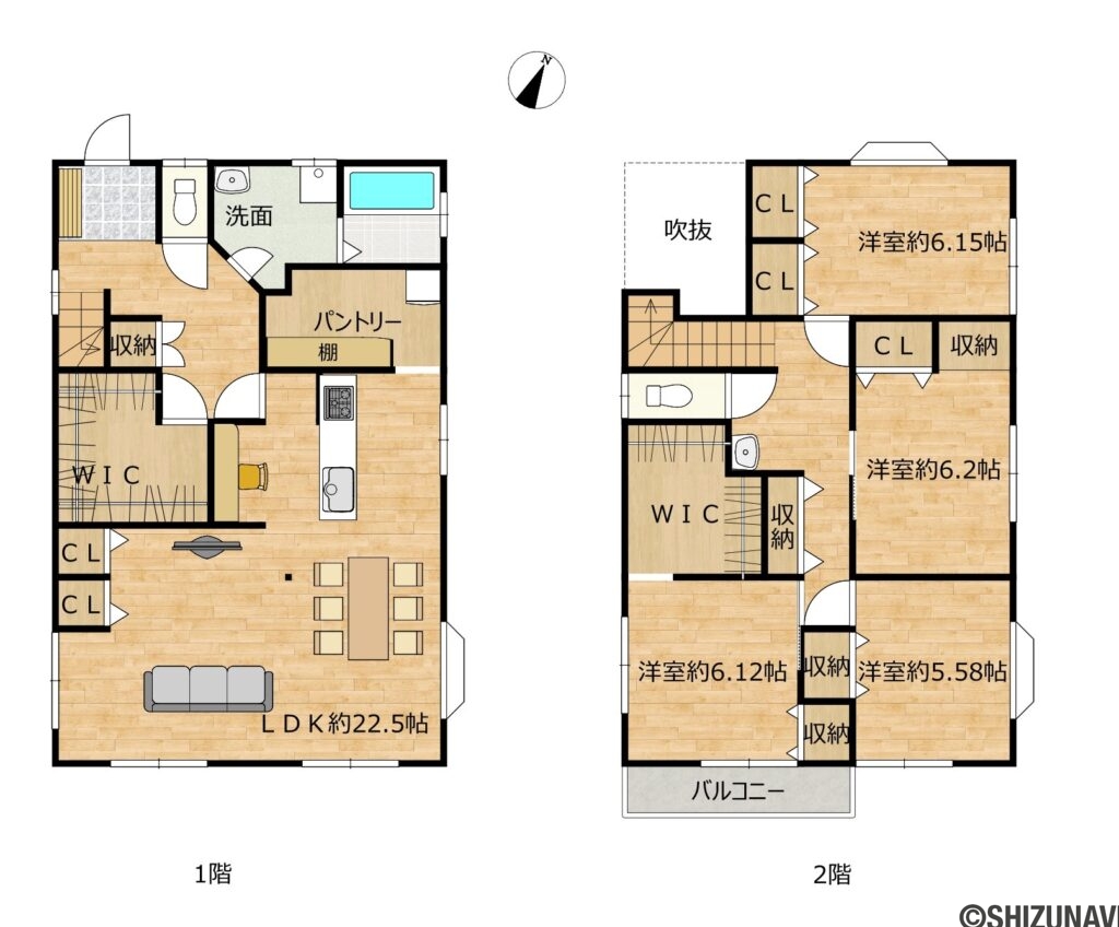【リフォーム済】静岡市清水区日立町　4LDKの4LDK（1階：LDK22.5帖
2階：洋室6.2帖、洋室6.15帖、洋室6.12帖、洋室5.58帖）の間取り図