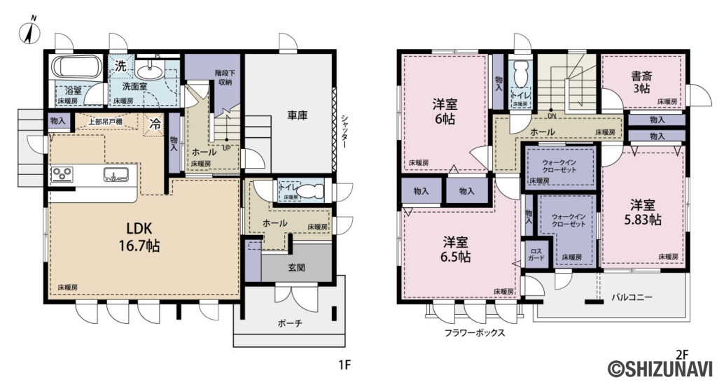 島田市阿知ケ谷　中古住宅の3SLDK（LDK:16.7　洋室①：6.5　洋室②：6　洋室③5.8）の間取り図