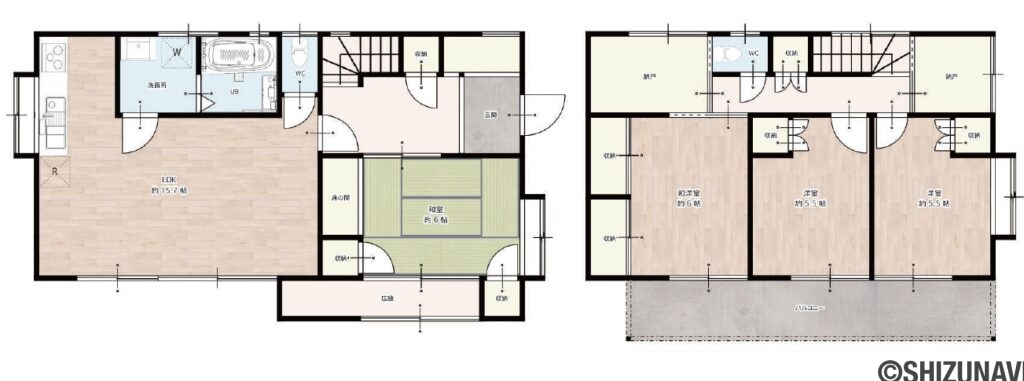 袋井市梅山　中古住宅の中古住宅4SLDK（リビングダイニングキッチン約15.7帖、洋室約5.5帖・約5.5帖、和室約6帖・約6帖、納戸）