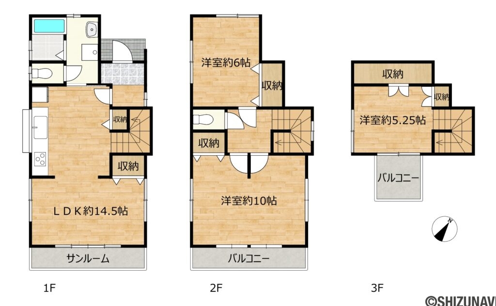【リフォーム中】静岡市駿河区見瀬　3LDKの3LDK（1階：LDK14.5帖
2階：洋室10帖、6帖
3階：洋室5.25帖）の間取り図