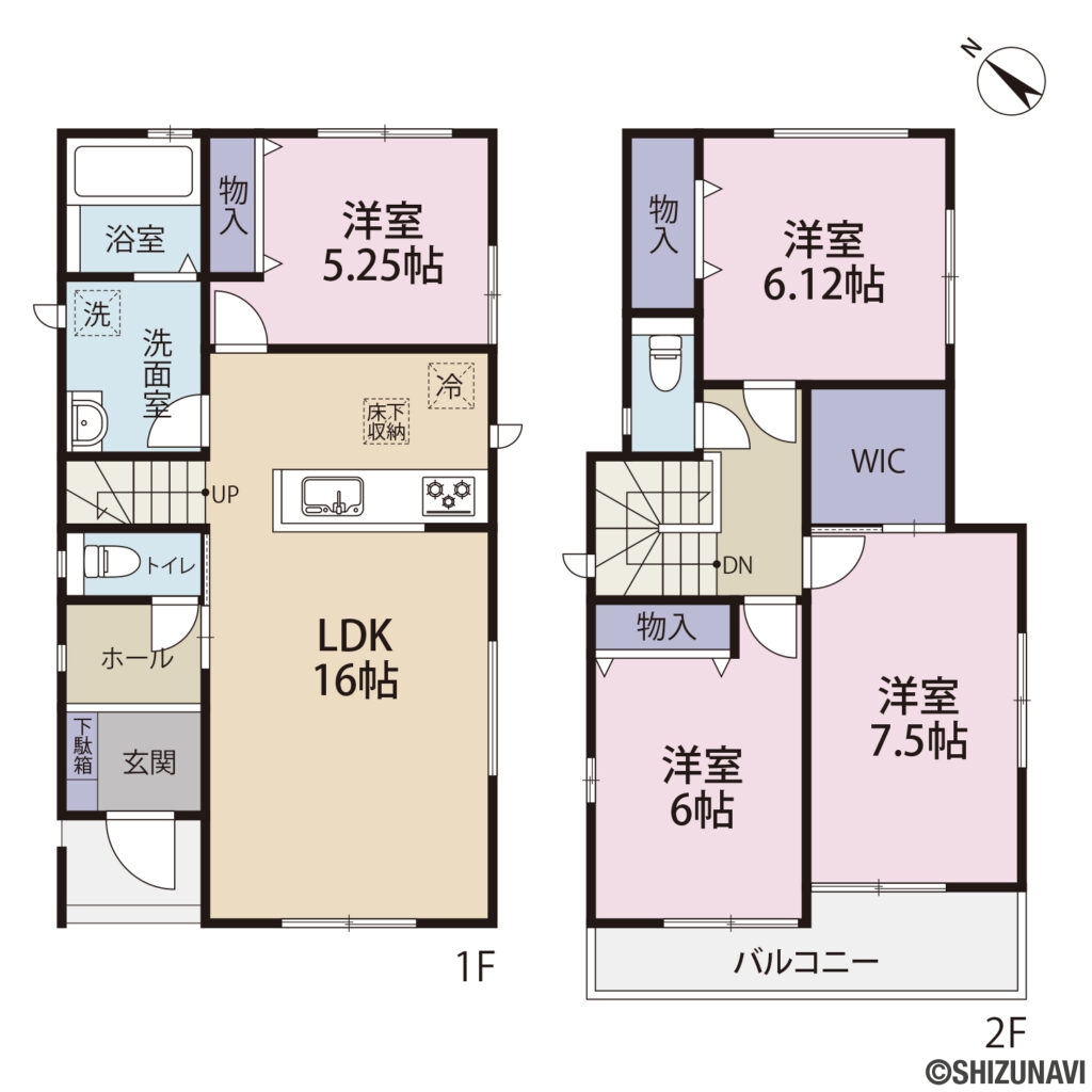 駿河区中島14期　間取図の新築一戸建て4LDK（1階：LDK 16帖、洋室5.25帖
2階：洋室7.5帖、6.12帖、6帖）
