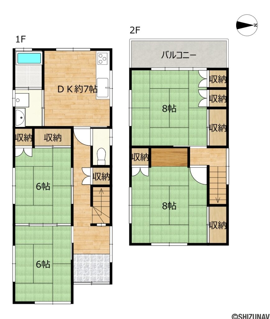 葵区柳町　間取図の中古住宅4DK（1階：DK7帖、和室6帖、6帖
2階：和室8帖、8帖）