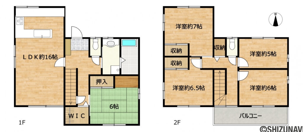 駿河区池田　間取図の中古住宅5SLDK（1階：LDK16帖、和室6帖
2階：洋室7帖、6.5帖、6帖、5帖）