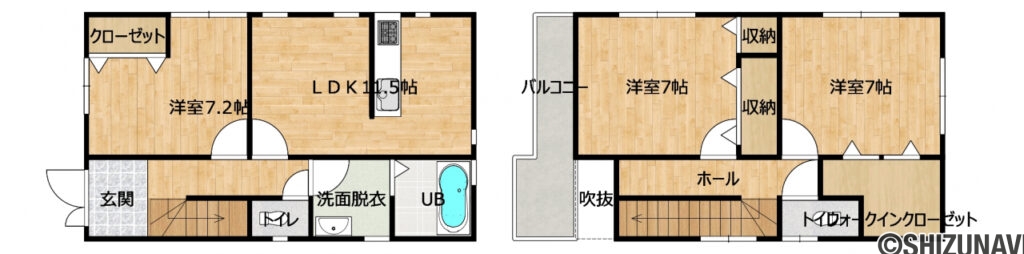間取図の中古住宅3LDK（1階：LDK11.5帖、洋室7.2帖
2階：洋室7帖、7帖）