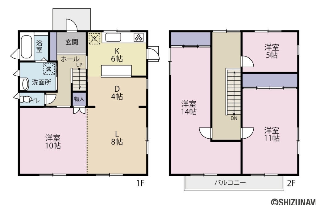 裾野市千福が丘　ミサワホーム施工の中古住宅の4LDK（LDK　約18帖
1階洋室　約10帖
2階洋室　約14帖、11帖、5帖）の間取り図