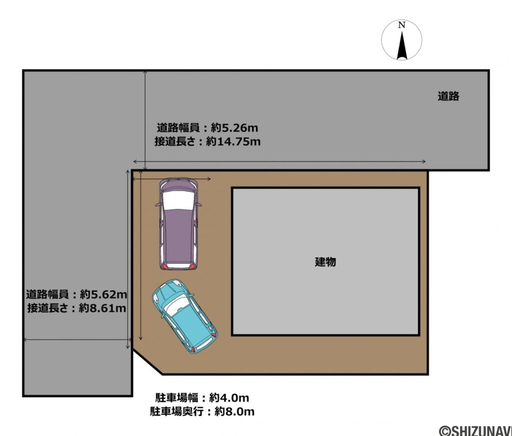 【区画図】北西角地にあるお家で、お車は2台駐車可能です。