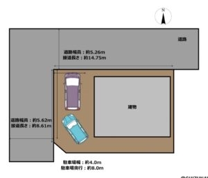 【区画図】北西角地にあるお家で、お車は2台駐車可能です。
