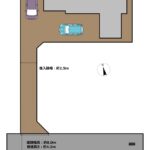【区画図】普通車2台駐車可能です。進入路は隣地と抱き合わせとなっており、共同利用となります。