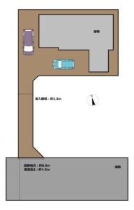 【区画図】普通車2台駐車可能です。進入路は隣地と抱き合わせとなっており、共同利用となります。