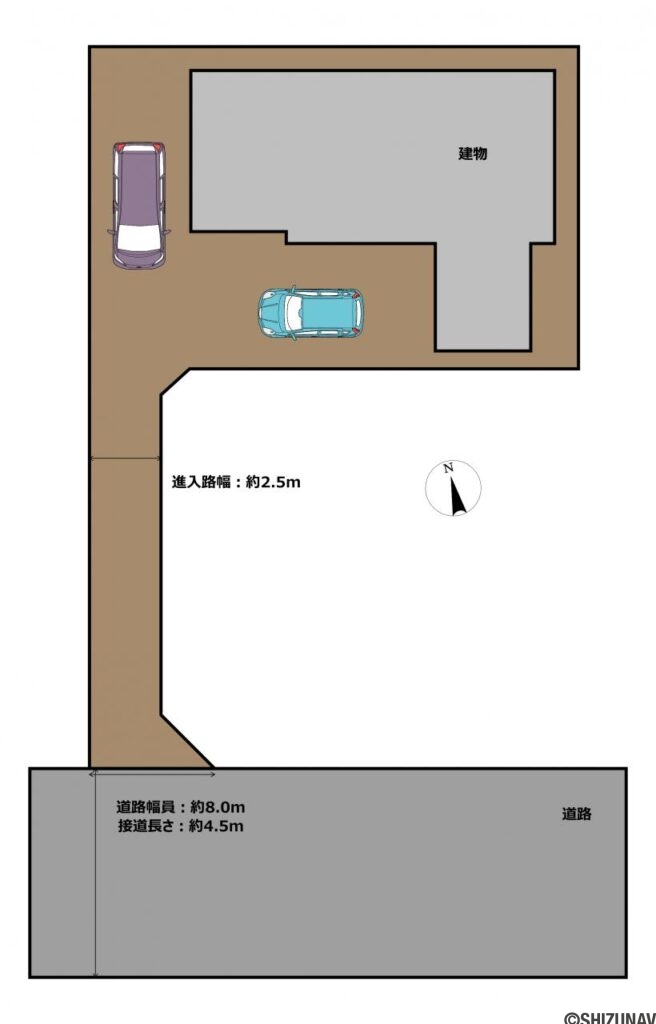 【区画図】普通車2台駐車可能です。進入路は隣地と抱き合わせとなっており、共同利用となります。