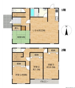 【間取り図】1階に和室1部屋と水回り、2階に洋室3部屋がある4LDKの間取りです。LDKは22帖の広さがあり、1・2階両方に御手洗いがございます。