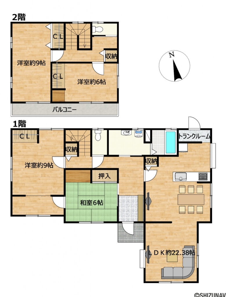 浜松市浜名区都田町 中古住宅の中古住宅4LDK（リビングダイニングキッチン約22.38帖、洋室約9帖・約9帖・約6帖、和室約6帖）