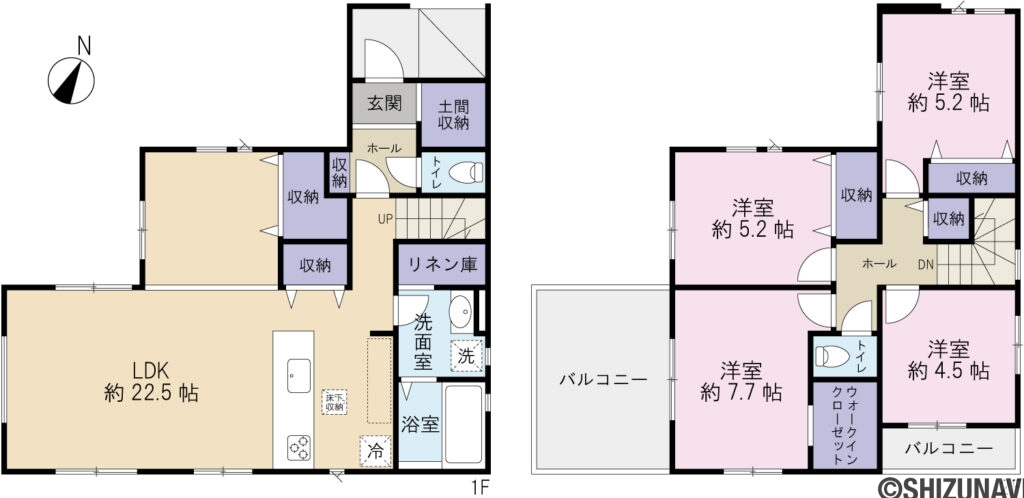 駿河区西脇3期　間取図の新築一戸建て4LDK（1階：LDK22.5帖
2階：洋室7.7帖、5.2帖、5.2帖、4.5帖）
