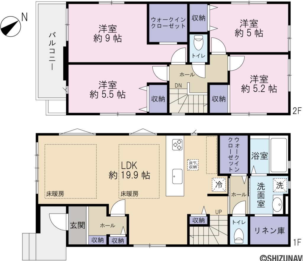 葵区駒形通3期　間取図の新築一戸建て4LDK（1階：LDK19.9帖
2階：洋室9.0帖、5.5帖、5.2帖、5.0帖）