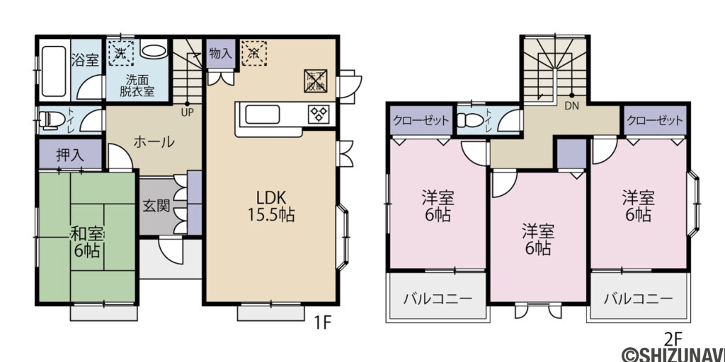 富士市伝法の東名富士ＩＣ至近に４ＬＤＫの中古住宅が出ました！の4LDK（【１Ｆ】：ＬＤＫ（１５．５帖）、和室（６帖）、トイレ、洗面脱衣室、浴室
【２Ｆ】：洋室Ａ（６帖）、洋室Ｂ（６帖）、洋室Ｃ（６帖）※全室収納あり・南向き、トイレ、バルコニー（南面）×２面）の間取り図