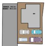 【区画図】駐車場は最大4台駐車可能です。前面道路も幅が約6ｍあるので、車の出し入れも余裕をもって行えますね。