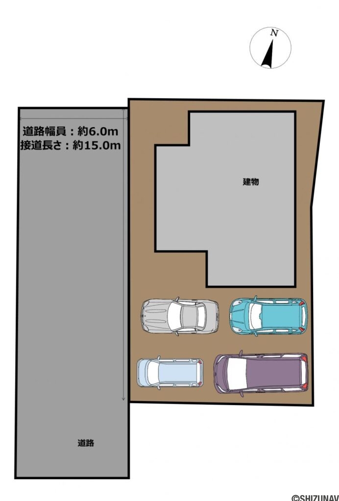 【区画図】駐車場は最大4台駐車可能です。前面道路も幅が約6ｍあるので、車の出し入れも余裕をもって行えますね。
