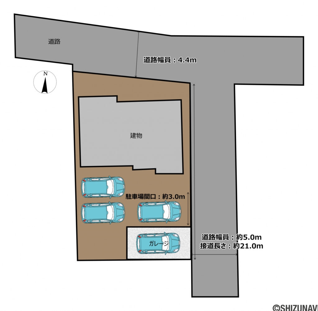 【区画図】敷地南側に駐車場兼お庭スペースがございます。車の台数によっては、ガレージに車を停車して、ガーデニングや家庭菜園を楽しんでもいただけます。