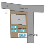 【区画図】敷地南側に駐車場兼お庭スペースがございます。車の台数によっては、ガレージに車を停車して、ガーデニングや家庭菜園を楽しんでもいただけます。